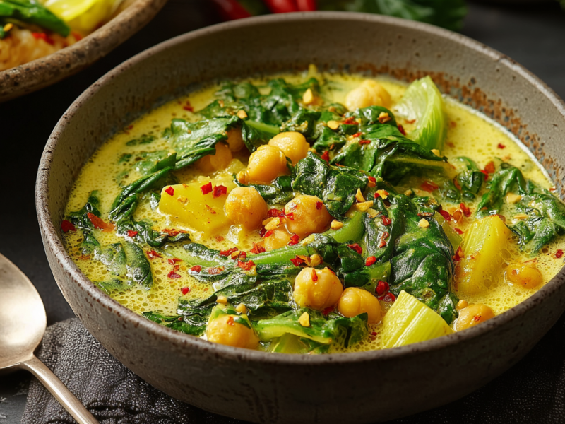 Eine Schale Mangold-Curry mit Kichererbsen.