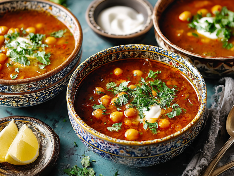 Zwei Schalen mit marrokanischer Kichererbsensuppe stehen auf einem Tisch. In einem Schälchen daneben zwei Zitronenhälften. Im Hintergrund eine kleine Schale mit Joghurt.
