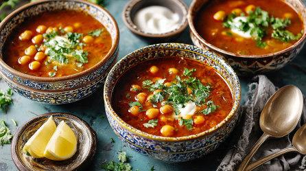 Zwei Schalen mit marrokanischer Kichererbsensuppe stehen auf einem Tisch. In einem Schälchen daneben zwei Zitronenhälften. Im Hintergrund eine kleine Schale mit Joghurt.