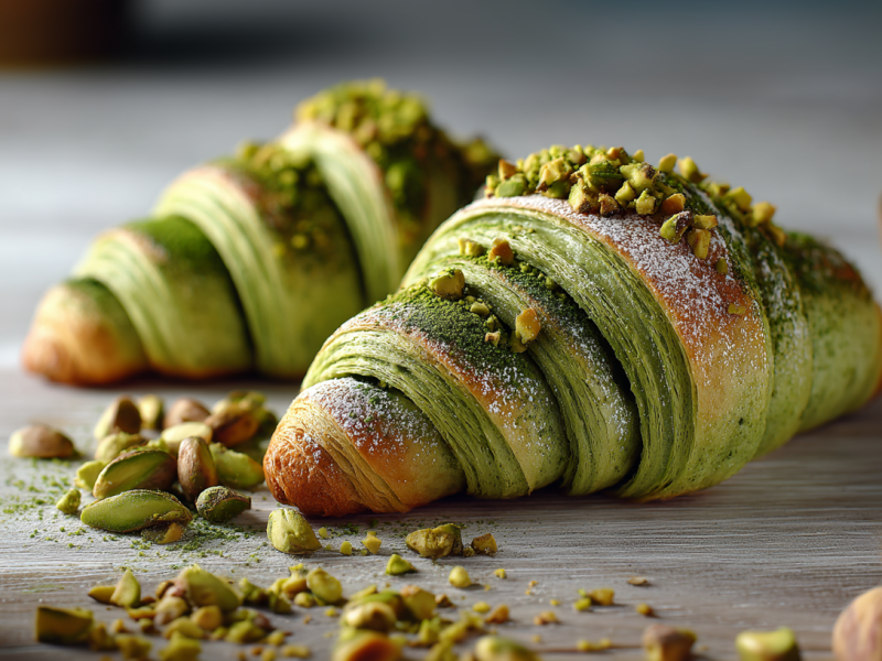 Zwei Matcha-Croissants liegemn auf einem grauen Holztisch. Vor ihnen liegen einige gehackte und ganze Pistazien. Rechts und links im Bild sind zwei Schalen mit Matcha-Pulver zu sehen.