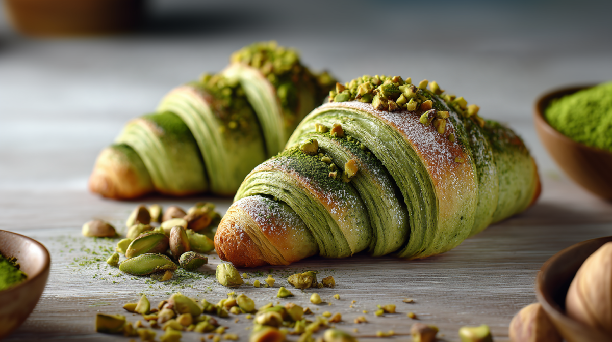 Zwei Matcha-Croissants liegemn auf einem grauen Holztisch. Vor ihnen liegen einige gehackte und ganze Pistazien. Rechts und links im Bild sind zwei Schalen mit Matcha-Pulver zu sehen.