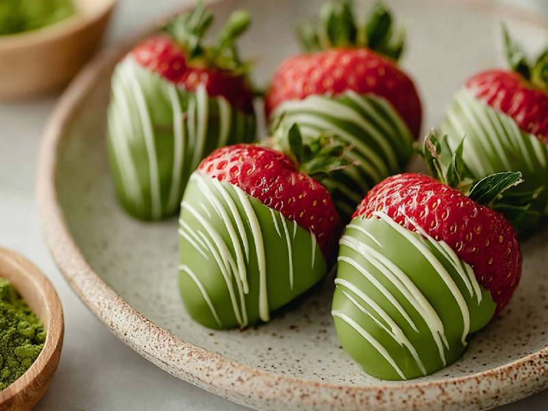 Teller mit Matcha-Erdbeeren