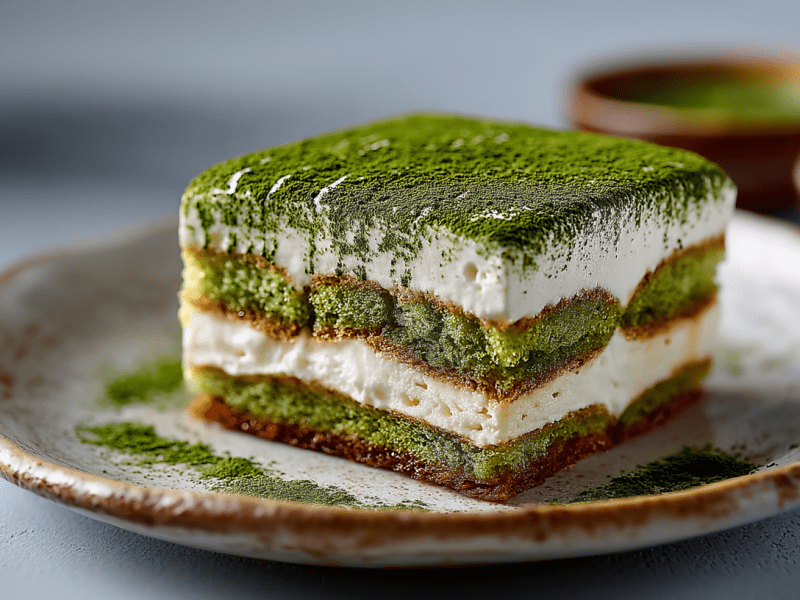 Ein Stück Matcha-Tiramisu auf einem grauen Teller. Im Hintergrund stehen zwei Schalen mit Matcha-Pulver.