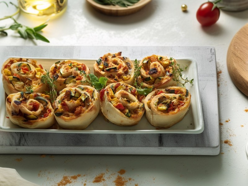 Eine Servierplatte mit einigen mediterranen Gemüseschnecken. Die Platte steht auf einem hellen Brett. Rechts daneben auf einem Holzbrett liegen weitere Gemüseschnecken. Ringsum sind frische Kräuter und Gewürze zu sehen.