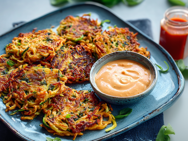 Ein Teller mit Mie-Nudeln-Zucchini-Puffern. Daneben steht ein Sriracha-Dip.