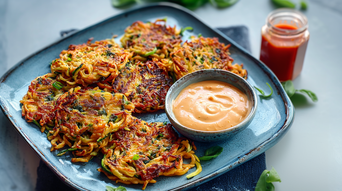 Ein Teller mit Mie-Nudeln-Zucchini-Puffern. Daneben steht ein Sriracha-Dip.