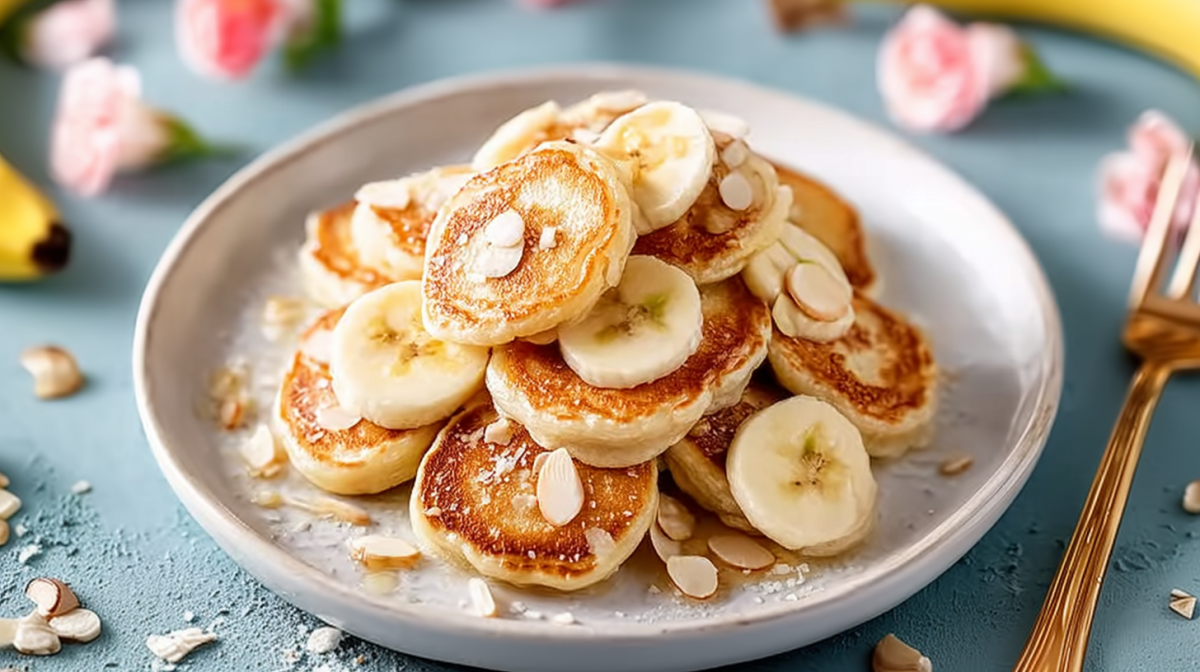 Ein Teller mit Mini-Bananen-Pancakes, dekoriert mit Bananenscheiben und Mandelblättchen.