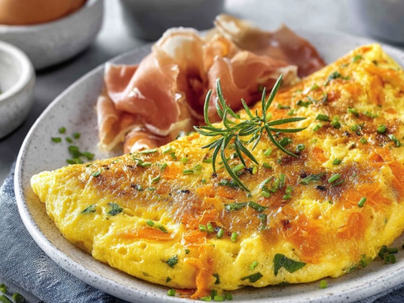 Ein Karotten-Omelett mit Schinken auf einem Teller.