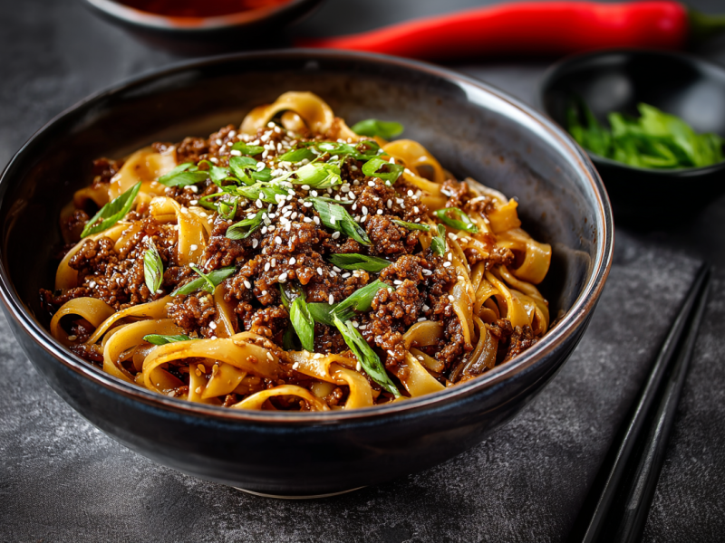 Eine Schüssel mit mongolischer Hackfleisch-Pasta auf einer grauen Arbeitsplatte. Neben der Schale liegen zwei Essstäbchen. Im Hintergrund sieht man eine Chilischote sowie eine kleine Schale Frühlingszwiebeln.