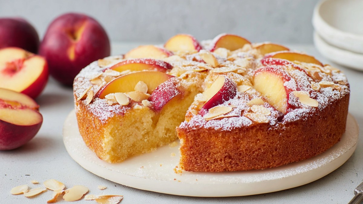 Ein weißes rundes Brett, auf dem ein angeschnittener runder Nektarinen-Buttermilch-Kuchen platziert ist. Der Kuchen ist mit Puderzucker bestäubt. Im Hintergrund sind ganze und halbe Nektarinen zu sehen. Im Vordergrund liegen einige Mandelblättchen herum.