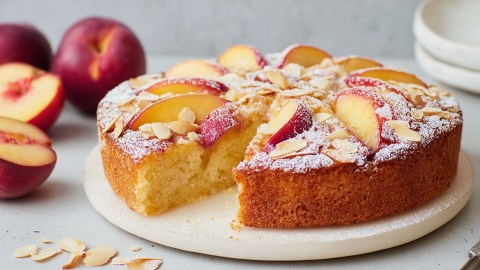 Ein weißes rundes Brett, auf dem ein angeschnittener runder Nektarinen-Buttermilch-Kuchen platziert ist. Der Kuchen ist mit Puderzucker bestäubt. Im Hintergrund sind ganze und halbe Nektarinen zu sehen. Im Vordergrund liegen einige Mandelblättchen herum.