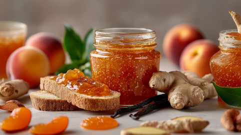 Ein Glas Nektarinen-Marmelade auf einem grauen Untergrund. Um das Glas verteilt liegt frischer Ingwer, zwei Vanilleschoten und zwei Brotscheiben. Die obere Scheibe ist mit Nektarinen-Marmelade bestrichen. Im Hintergrund liegen einige Pfirsiche.