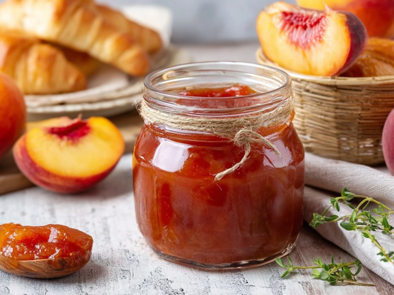 Ein Glas mit selbst gemachter Nektarinen-Thymian-Marmelade. Daneben liegt ein Holzlöffel mit Marmelade drauf. Im Hintergrund kann man einen Teller mit Croissants erkennen. Außerdem liegen Ganze Nektarinen und Nektarinenschnitze herum genauso wie etwas frischer Thymian.