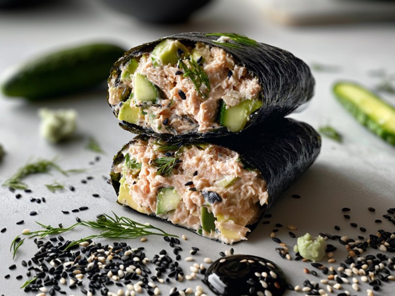 Zwei Hälften eines Nori-Wraps mit Thunfischsalat, die auf einer grauen Arbeitsfläche liegen. Um die Wraps herum liegt schwarzer Sesam verteilt. Außerdem kann man einen kleinen Klecks Sojasoße, ein kleines Stück Avocado sowie Gurken und Gurkenstücke um die Wraps herum liegen erkennen.