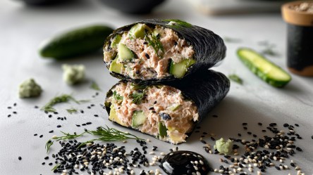 Zwei Hälften eines Nori-Wraps mit Thunfischsalat, die auf einer grauen Arbeitsfläche liegen. Um die Wraps herum liegt schwarzer Sesam verteilt. Außerdem kann man einen kleinen Klecks Sojasoße, ein kleines Stück Avocado sowie Gurken und Gurkenstücke um die Wraps herum liegen erkennen.