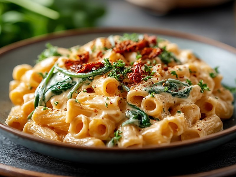 Ein großer Teller mit einer Portion Nudeln in cremiger Tofu-Soße.