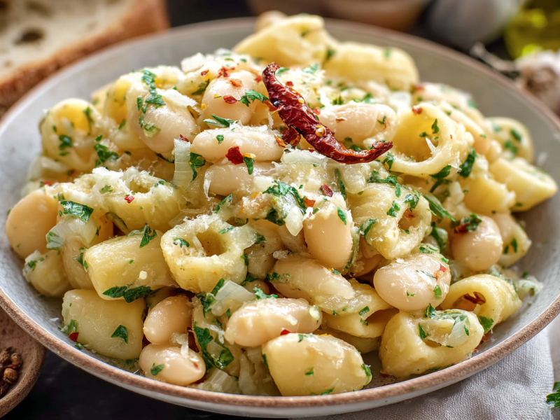 Ein Teller Nudeln mit Knoblauchbohnen und Chili.