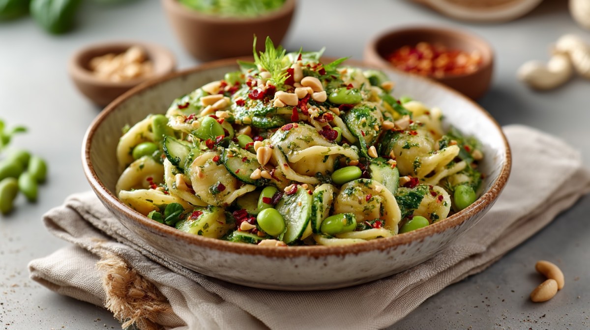 Eine Schüssel Nudelsalat mit Erdnussdressing, Gurke, Edamame und Chiliflocken, daneben einige Zutaten.