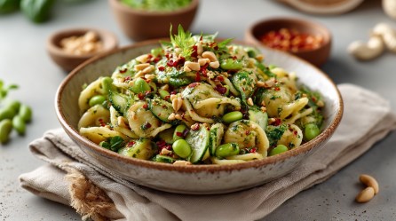 Eine Schüssel Nudelsalat mit Erdnussdressing, Gurke, Edamame und Chiliflocken, daneben einige Zutaten.