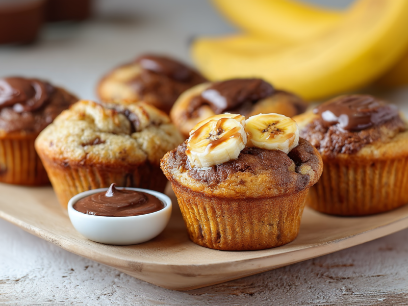 Nutella-Bananen-Muffins, serviert auf einem Teller. Daneben steht ein kleines Schälchen mit Nutella.
