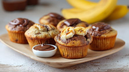 Nutella-Bananen-Muffins, serviert auf einem Teller. Daneben steht ein kleines Schälchen mit Nutella.