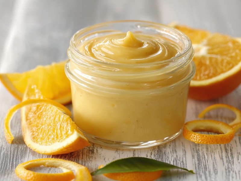 Ein Glas Orangenkaramell-Aufstrich mit frischen Orangen daneben.