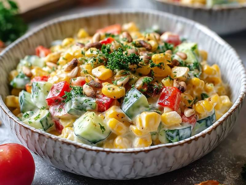 Schale mit Paprika-Mais-Salat auf einem Tisch