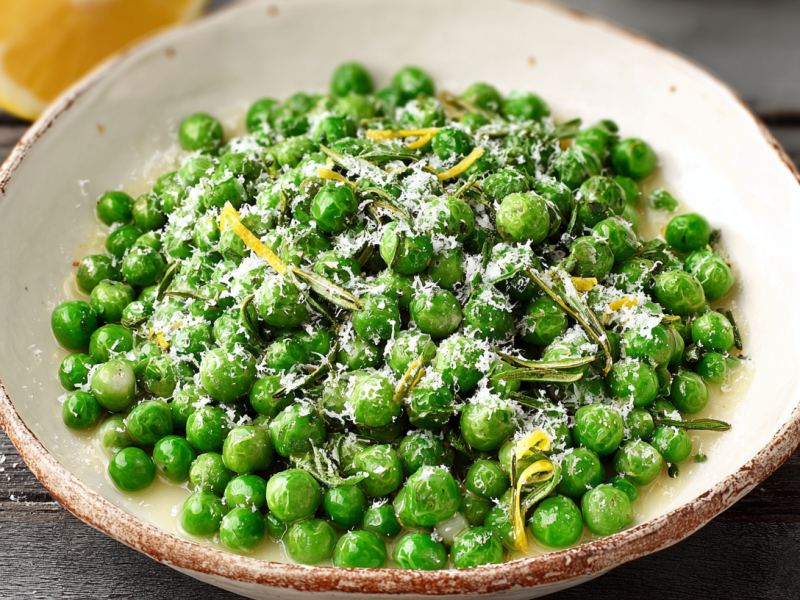 Parmesan-Erbsen mit Zitrone und Rosmarin auf einem weißen Teller.
