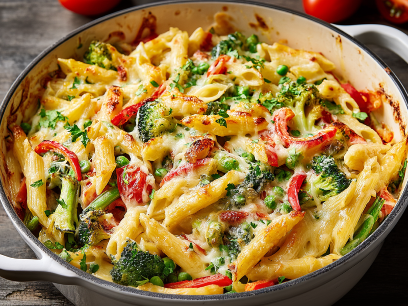 Pasta-Primavera-Auflauf in einem emaillierten Kochtopf, überbacken mit Käse.