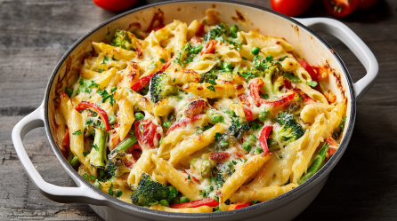 Pasta-Primavera-Auflauf in einem emaillierten Kochtopf, überbacken mit Käse.