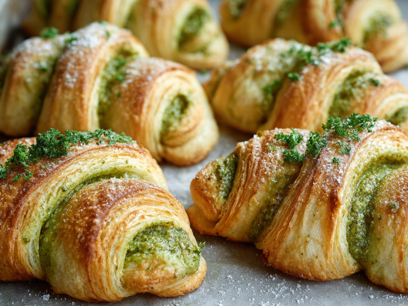 Pesto-Croissants auf einem mit Backpapier ausgeschlagenen Backblech.