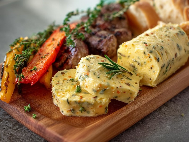 Ein Holzbrett mit einer Rolle Pfeffer-Orangen-Butter, von der 2 Scheiben abgeschnitten sind. Auf dem Brett liegt Grillgut, u.a. Grillgemüse und Fleisch. Auch Baguettestücke sind zu sehen.