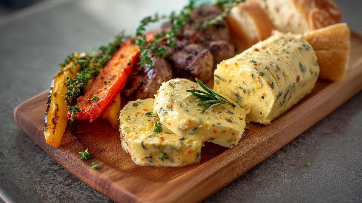 Ein Holzbrett mit einer Rolle Pfeffer-Orangen-Butter, von der 2 Scheiben abgeschnitten sind. Auf dem Brett liegt Grillgut, u.a. Grillgemüse und Fleisch. Auch Baguettestücke sind zu sehen.