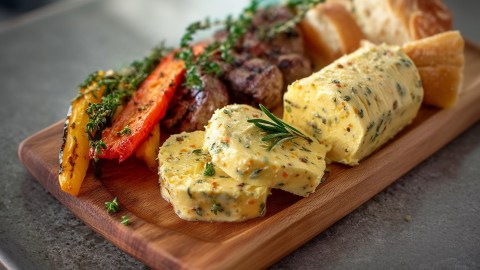 Ein Holzbrett mit einer Rolle Pfeffer-Orangen-Butter, von der 2 Scheiben abgeschnitten sind. Auf dem Brett liegt Grillgut, u.a. Grillgemüse und Fleisch. Auch Baguettestücke sind zu sehen.