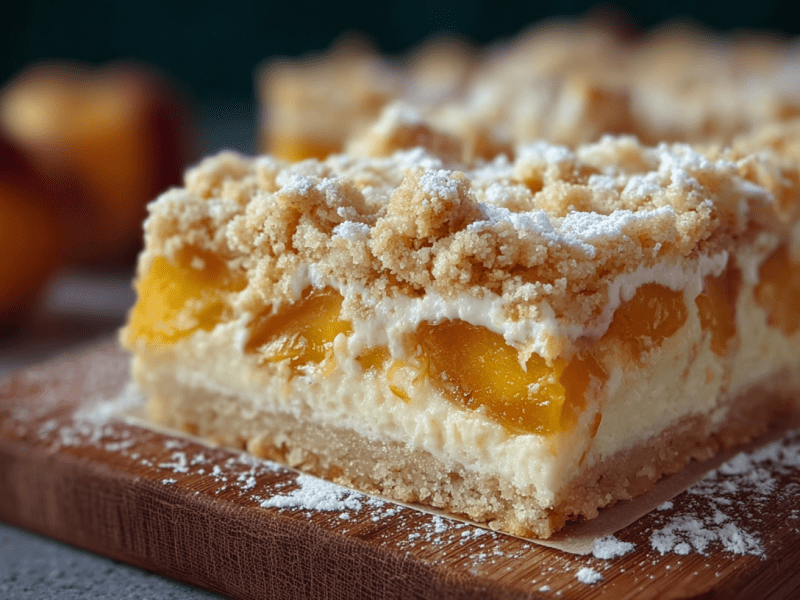 Ein Stück Pfirsich-Quark-Kuchen vom Blech. Im Hintergrund sind ganze Pfirsiche und der Rest des Kuchens zu sehen.
