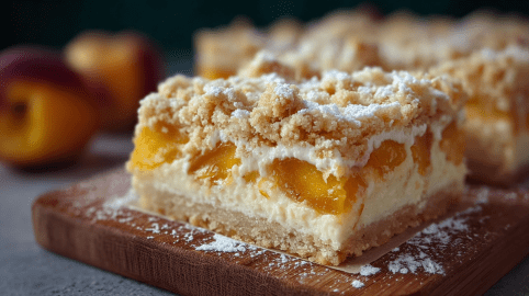 Ein Stück Pfirsich-Quark-Kuchen vom Blech. Im Hintergrund sind ganze Pfirsiche und der Rest des Kuchens zu sehen.