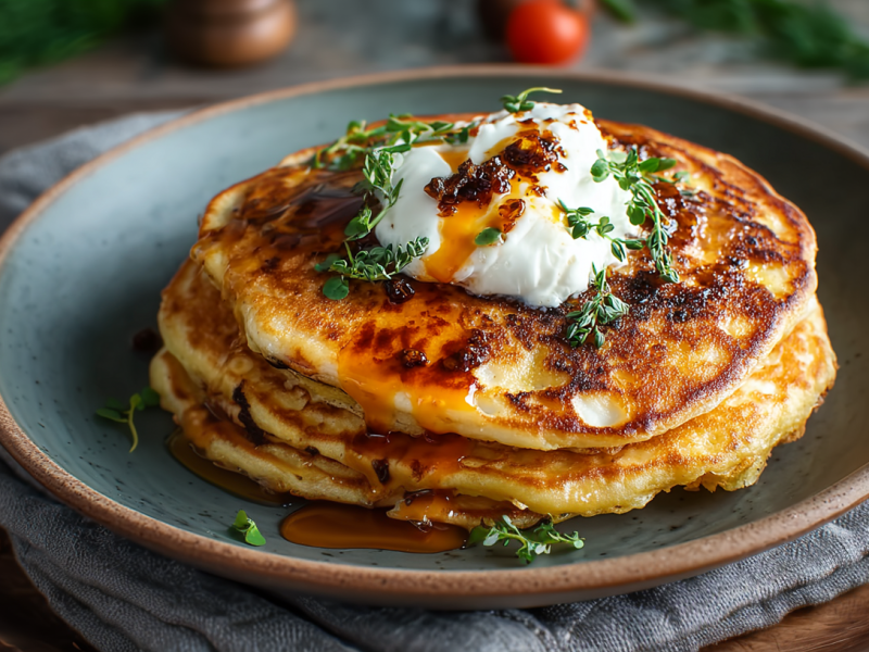 Ein Stapel pikanter Halloumi-Pancakes auf einem graublauen Teller. Sie sind mit Schmand und Öl getoppt. Im Hintergrund sieht man weitere Zutaten.
