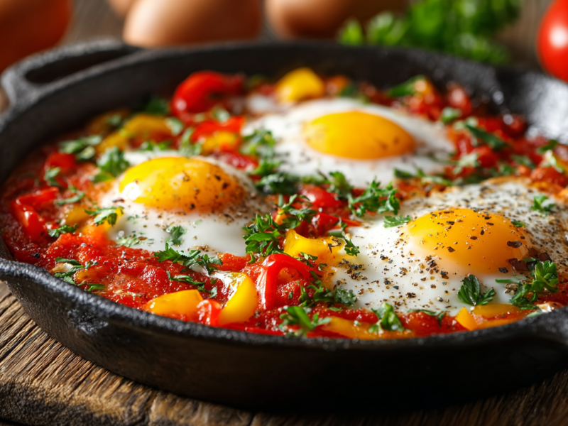Eine Gusseisenpfanne mit Piperade. Drum herum liegen frische Zutaten.