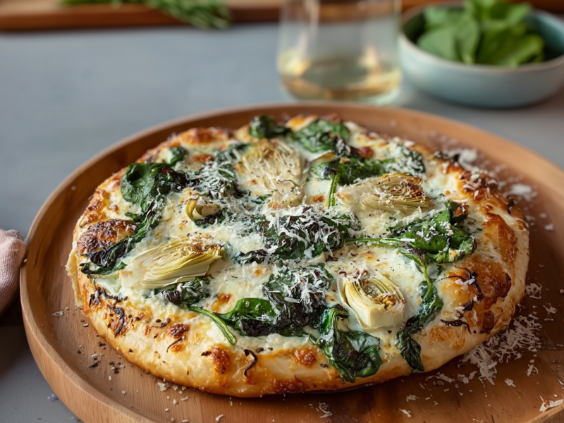 Ein Pizza Bianca mit Spinat und Artischocken, die auf einem runden Holzbrett liegt. Im Hintergrund kann man ein Glas Wein und eine Schale mit frischem Spinat erkennen.