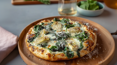 Ein Pizza Bianca mit Spinat und Artischocken, die auf einem runden Holzbrett liegt. Im Hintergrund kann man ein Glas Wein und eine Schale mit frischem Spinat erkennen.