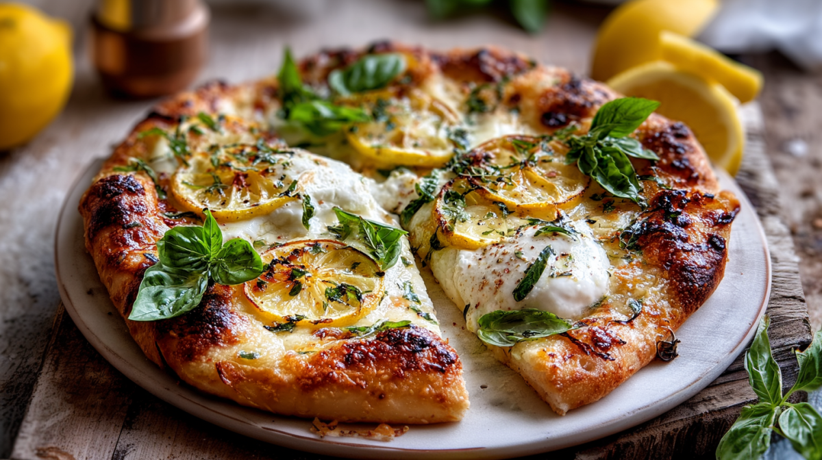 Pizza Bianca mit Zitronen und Burrata auf einem Pizzateller.