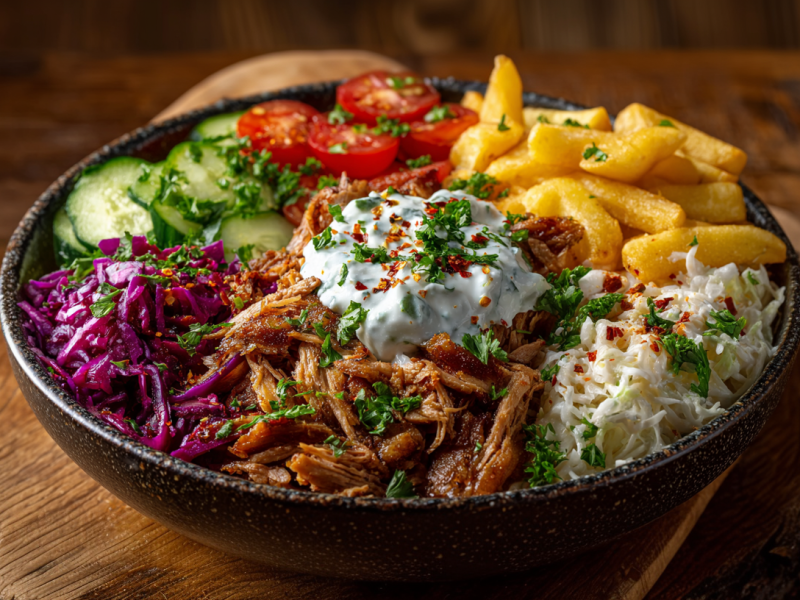 Eine Pomm-Döner-Bowl auf einem hölzernen Untersetzer. Im Hintergrund liegt frische Petersilie.