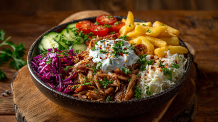 Eine Pomm-Döner-Bowl auf einem hölzernen Untersetzer. Im Hintergrund liegt frische Petersilie.