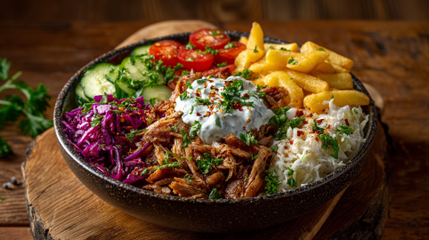 Eine Pomm-Döner-Bowl auf einem hölzernen Untersetzer. Im Hintergrund liegt frische Petersilie.