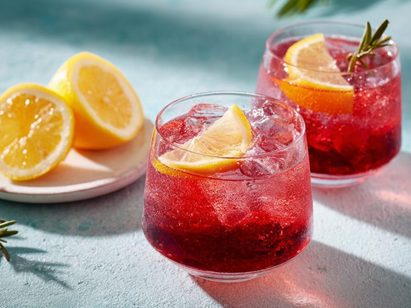 Zwei Gläser mit Port Tonic, daneben steht ein kleiner Teller mit Zitronen. Dekoriert mit Zitronenscheiben und Rosmarin.