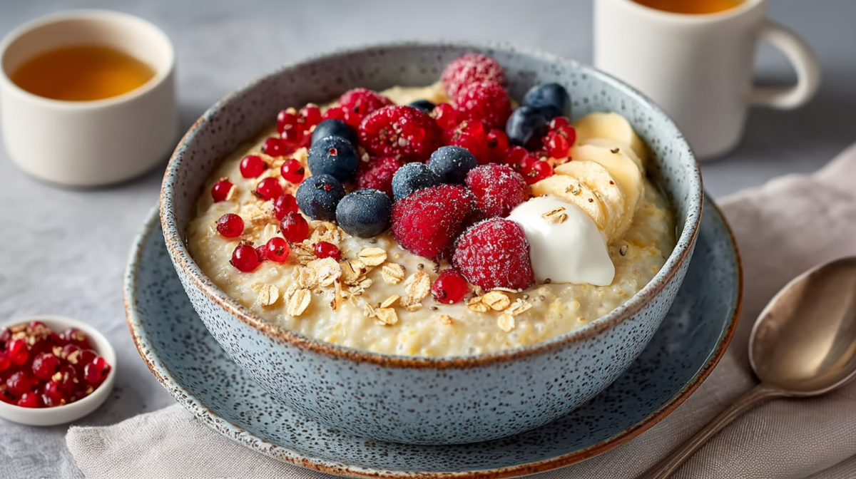 Eine Schale mit Pudding-Porridge, dekoriert mit Beeren, Bananen und Joghurt. Im Hintergrund ist Frühstücksgeschirr wie Löffel und Becher.