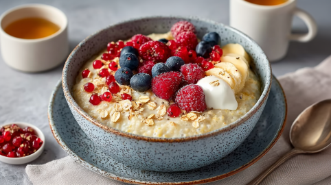 Eine Schale mit Pudding-Porridge, dekoriert mit Beeren, Bananen und Joghurt. Im Hintergrund ist Frühstücksgeschirr wie Löffel und Becher.