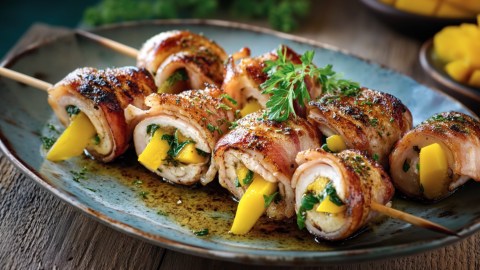 Mehrere Puten-Mango-Spieße auf einem Teller.