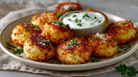 Mehrere Reisfrikadellen aus der Heißluftfritteuse auf einem grauen Teller. In der Mitte steht ein cremiger Joghurtdip. Alles ist mit frischen Kräutern bestreut.
