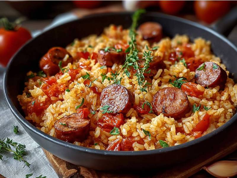 Reispfanne mit Wurst auf einem Tisch